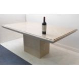 A modern large and heavy variegated grey marble dining table; the moulded top above a rectangular