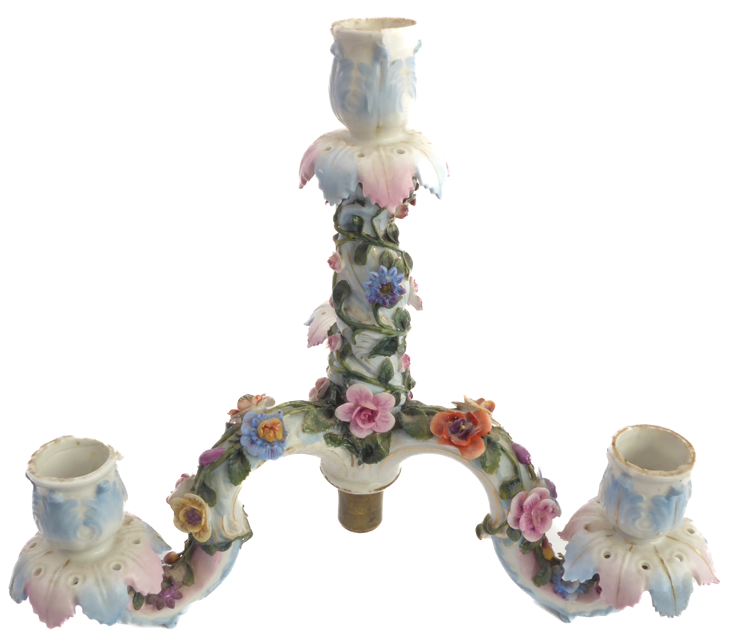 A late 19th century hand-decorated German porcelain four-light figural candelabra. The central - Image 5 of 14