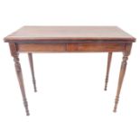A late 19th century foldover top rosewood card table; green baize top with gilt tooled green leather