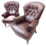 A pair of brown-leather-upholstered button-back armchairs in 19th century style (modern); each on