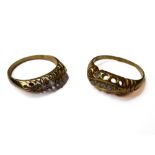 Two diamond-set and 18-carat yellow gold hallmarked rings both set with five old-cut diamonds in a