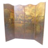 A late 19th century thee-fold four-panel room dividing screen; the four leather panels hand-
