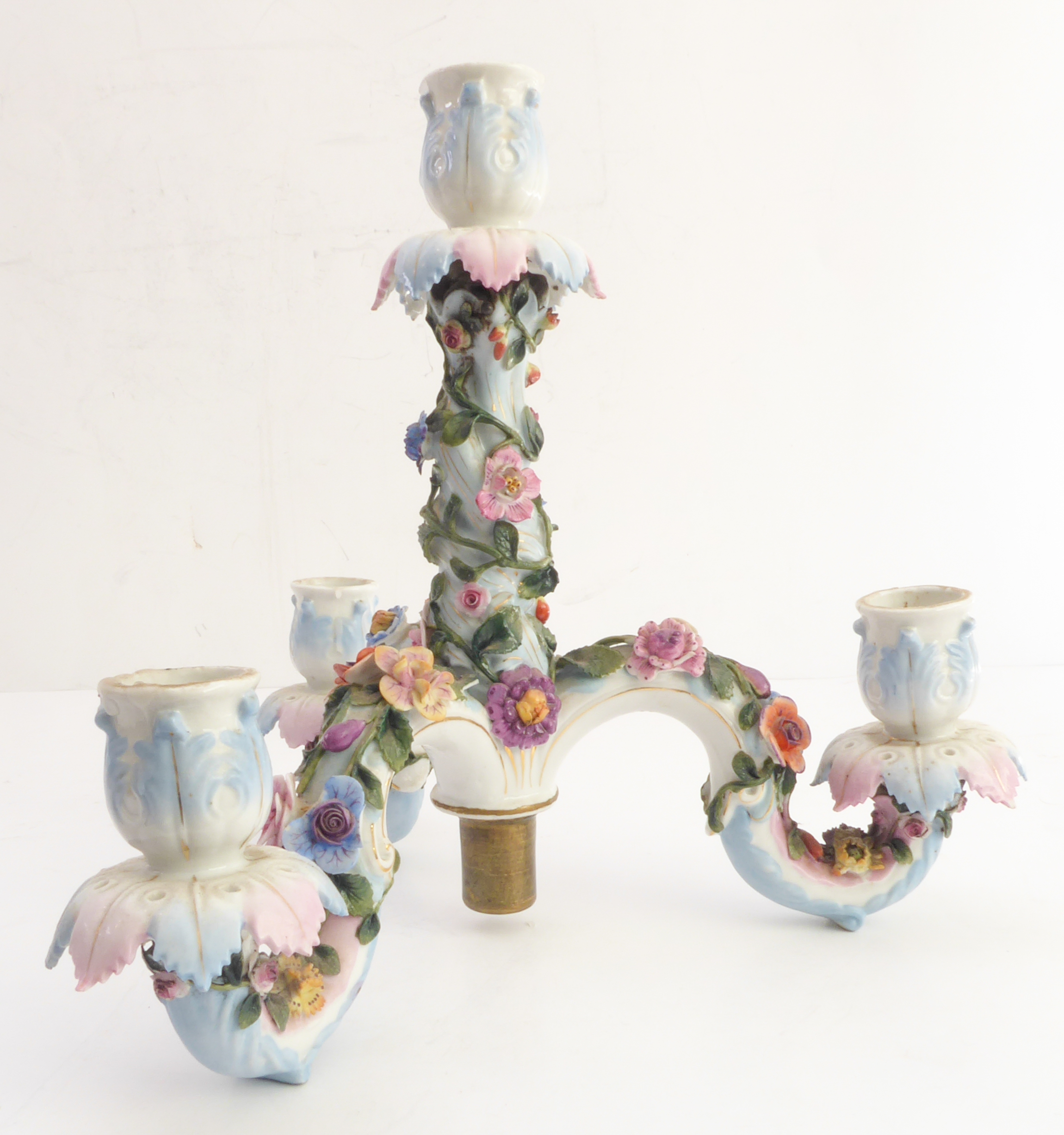 A late 19th century hand-decorated German porcelain four-light figural candelabra. The central - Image 3 of 14
