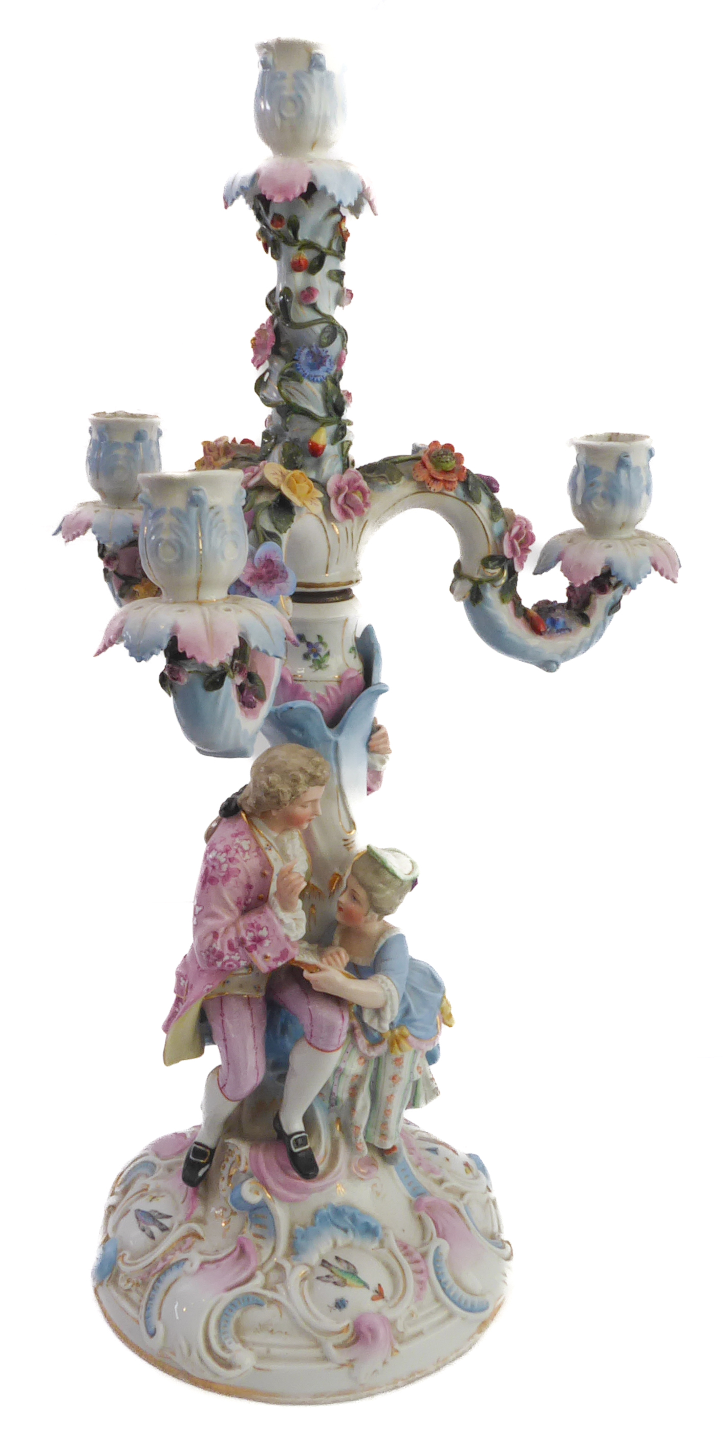 A late 19th century hand-decorated German porcelain four-light figural candelabra. The central - Image 2 of 14