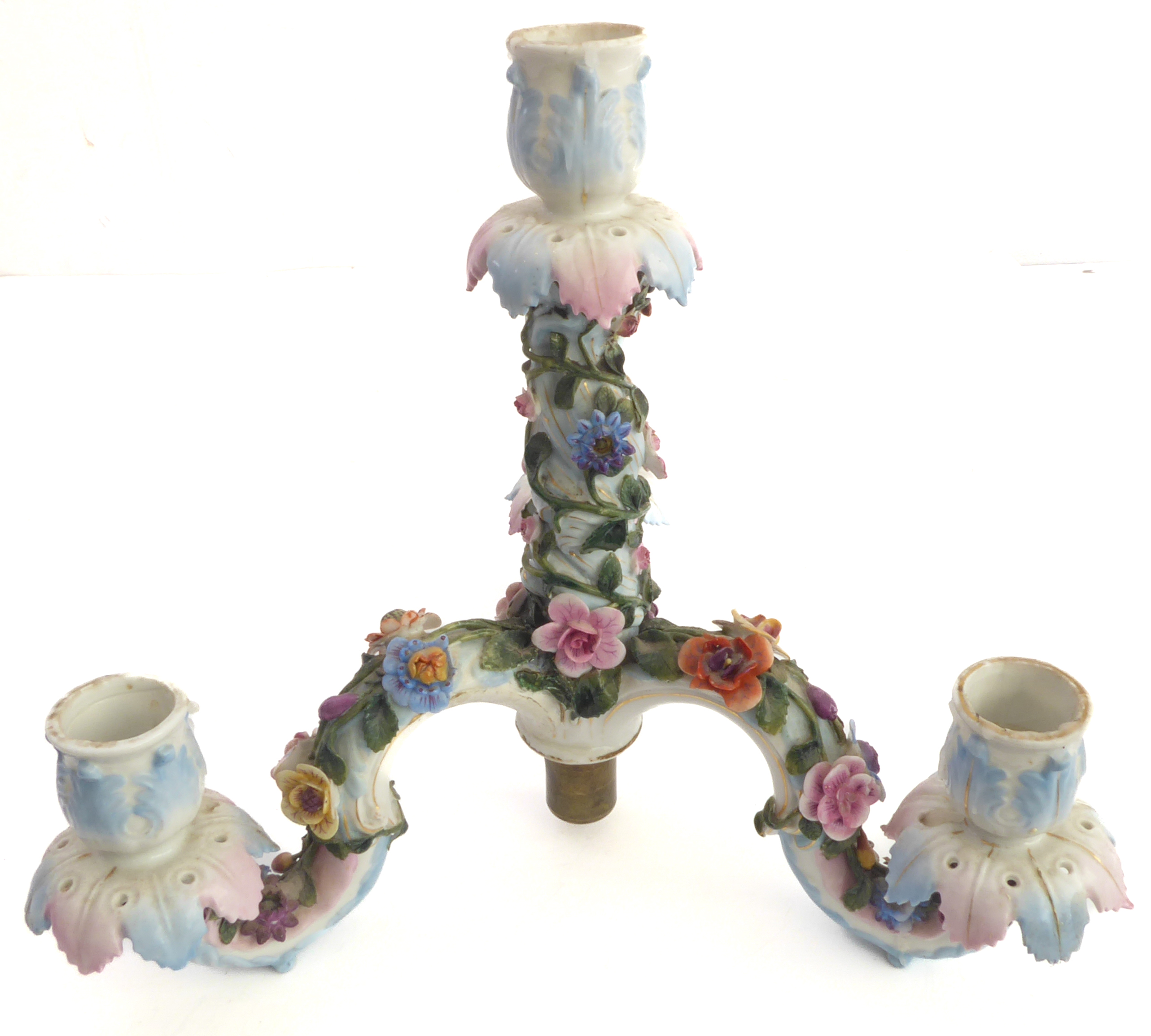 A late 19th century hand-decorated German porcelain four-light figural candelabra. The central - Image 6 of 14