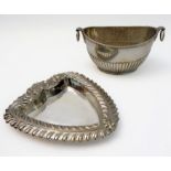 Silverware comprising a heart-shaped trinket dish with raised repoussé-style foliate border and