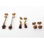 A pair of pendeloque amethyst and three stone diamond-set ear pendants (overall length 1.5cm),