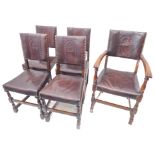 A set of five (4+1) oak and leather upholstered dining chairs; in 17th /18th century style (20th