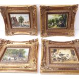 A set of four oil on panel scenes to include a river scene, country scene with figures seated and