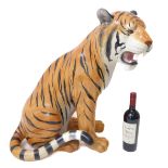 An large Italian hand-painted ceramic model of an open-mouthed tiger cub (tail broken and