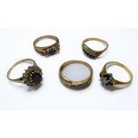 Five sapphire and white stone rings; one with an 18-carat yellow gold hallmarked shank, size I (