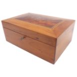 A modern wooden casket probably yew and burr yew); the hinged top with a figured panel inlaid with