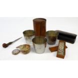 An interesting selection comprising: - three silver-plated hunt-style cups within a hand-stitched