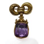 A shaped rectangular amethyst and 9-carat yellow gold pendant, scrolling and foliate surround,