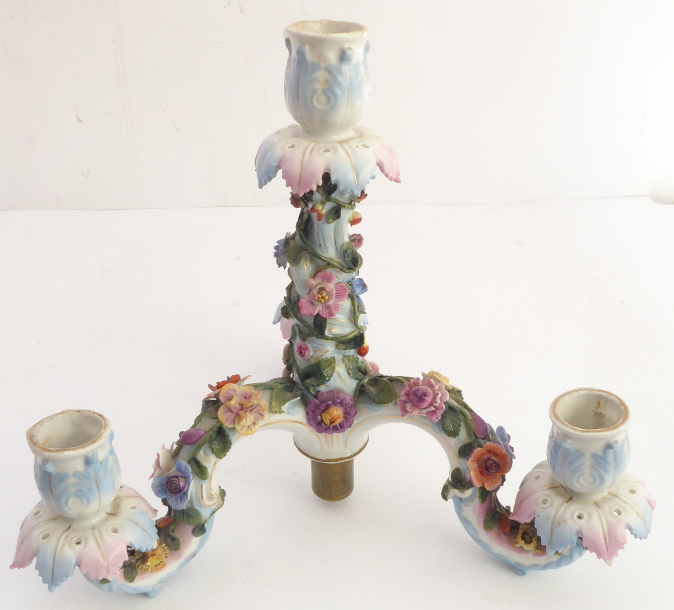 A late 19th century hand-decorated German porcelain four-light figural candelabra. The central - Image 4 of 14