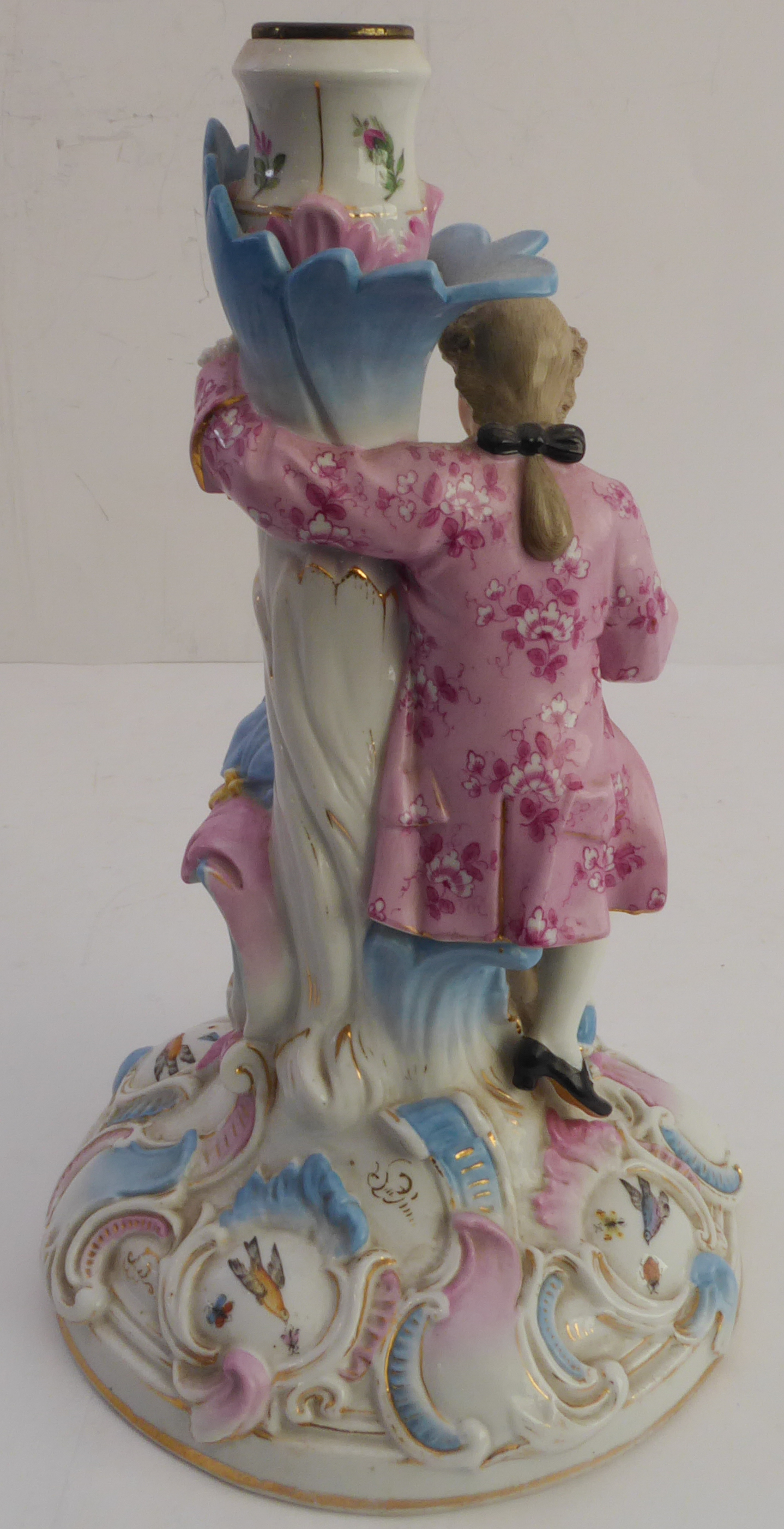 A late 19th century hand-decorated German porcelain four-light figural candelabra. The central - Image 9 of 14