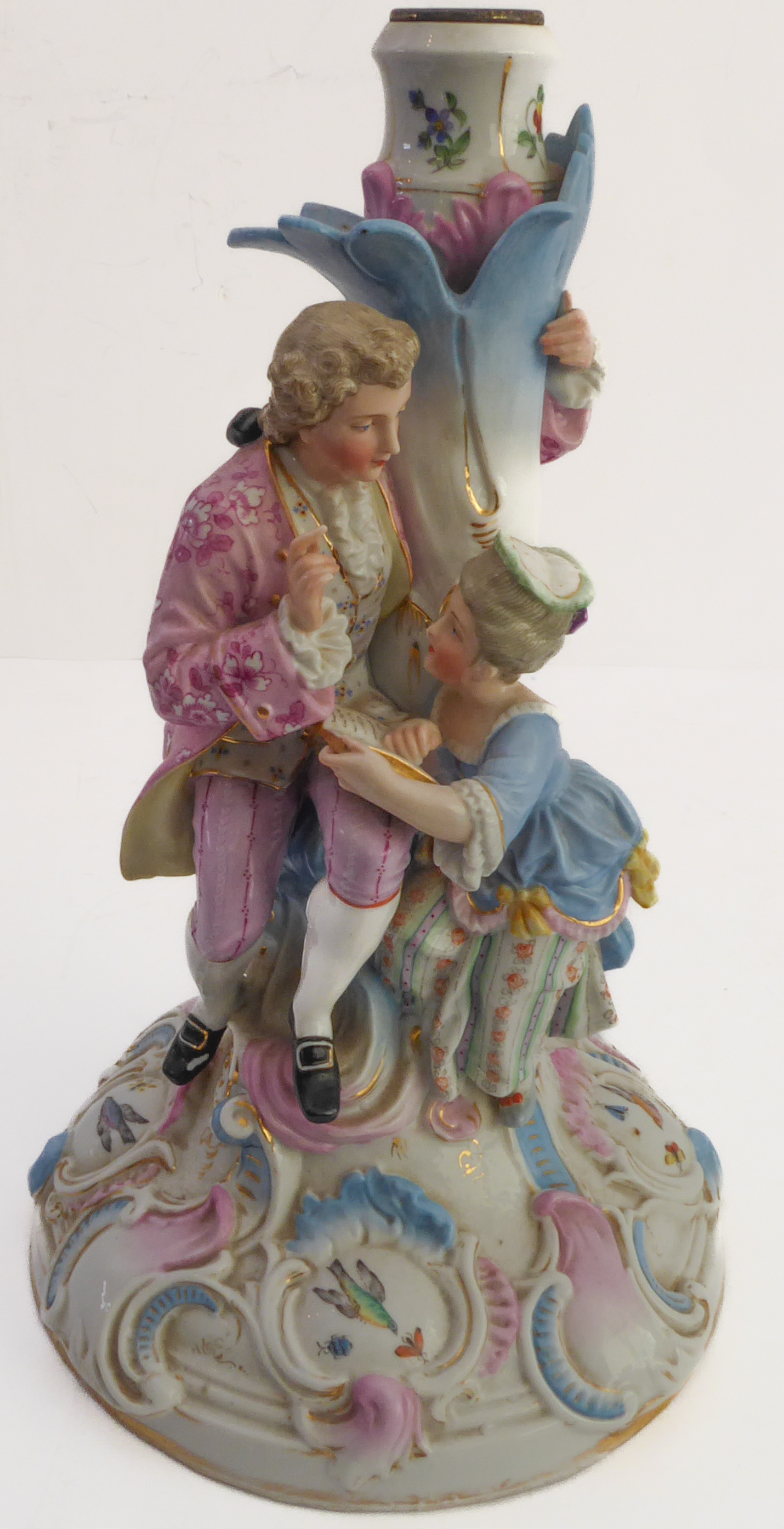 A late 19th century hand-decorated German porcelain four-light figural candelabra. The central - Image 7 of 14