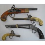 Four replica pistols: three flintlocks and one percussion