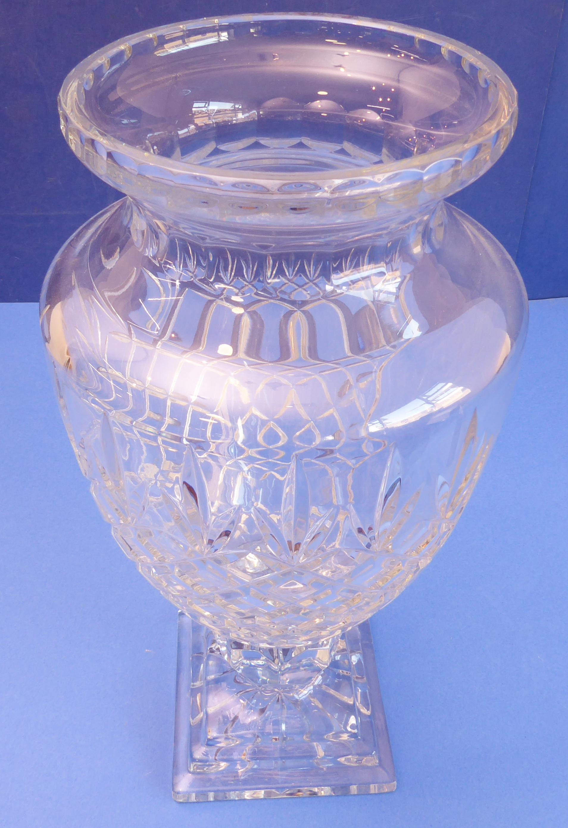 A large and heavy hand-cut clear-glass vase of baluster form - diamond-cut body above a stepped - Image 2 of 2