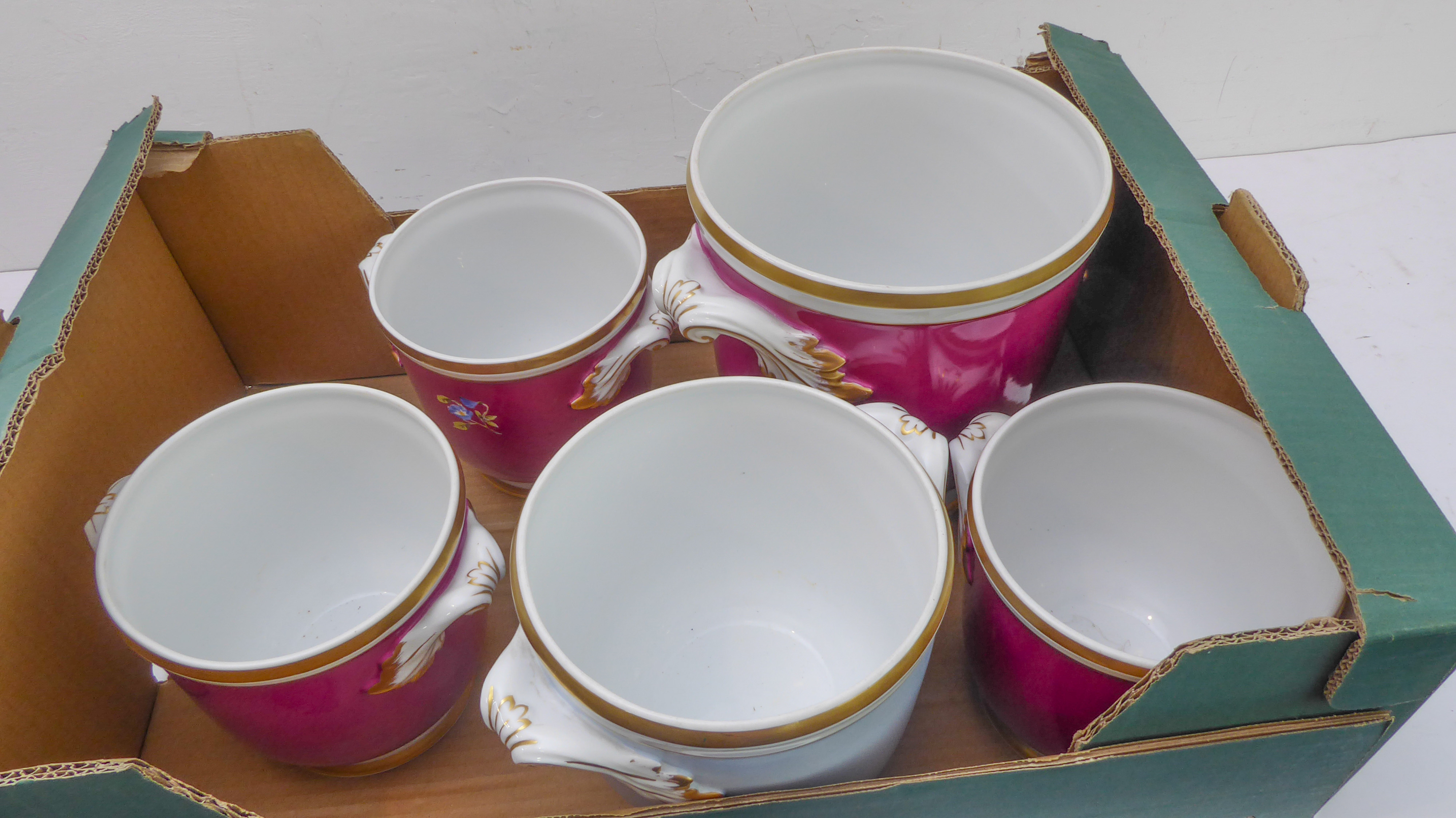 A large two-handled Portuguese porcelain cachepot; hand gilded and decorated with floral sprays ( - Image 5 of 5