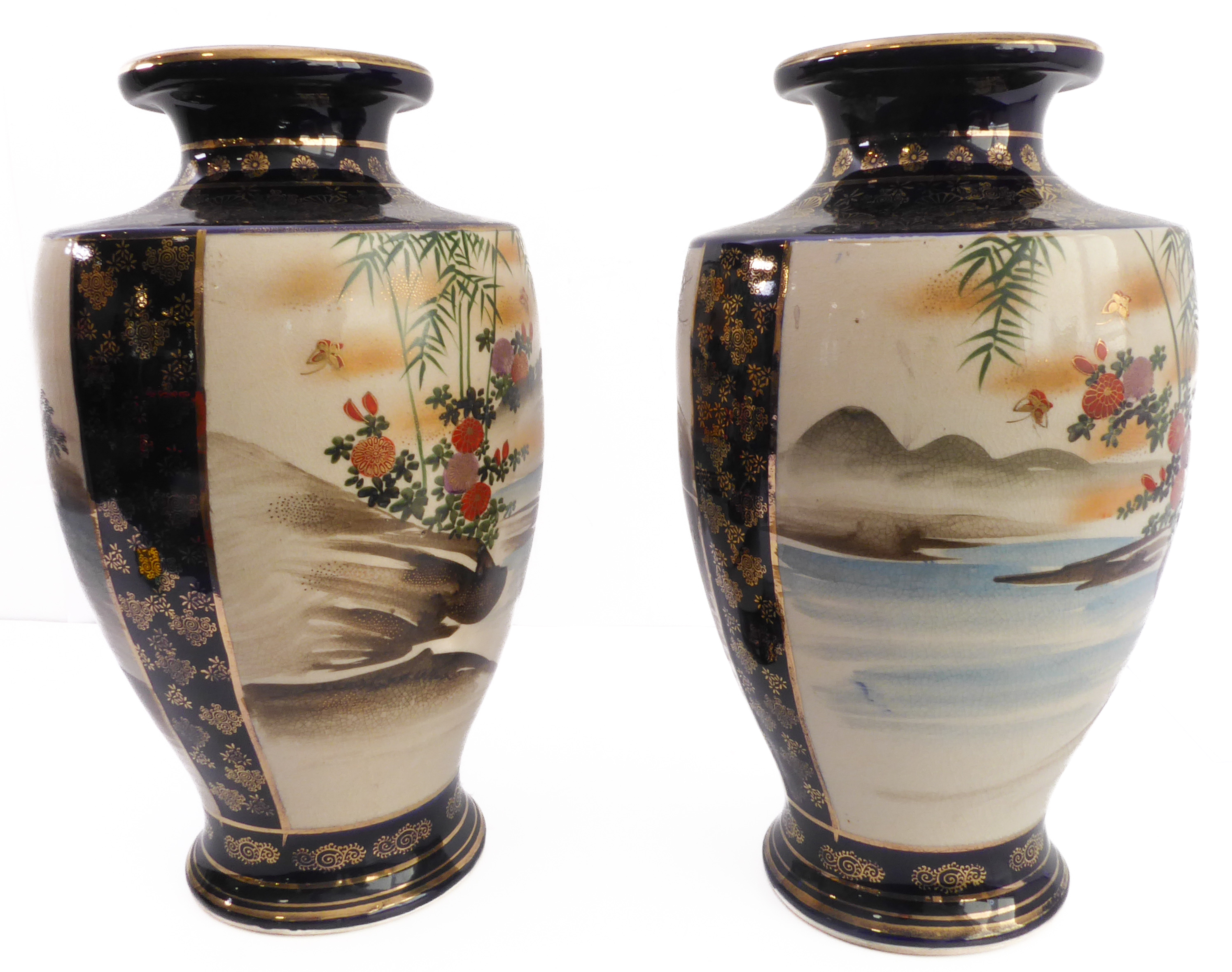 An opposing pair of early 20th century Japanese pottery vases of ovoid form - cobalt-blue-glazed - Image 4 of 7