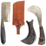 A Balinese blakas (31cm) with leather scabbard and a similar size knife with curved blade and wooden