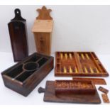 A good selection of old and modern treen: a 19th century wall-hanging oak candle box having