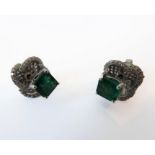 A pair of emerald and diamond-set ear studs