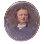 A 19th century gilt framed oval portrait shoulder length miniature; Victorian gentleman with white
