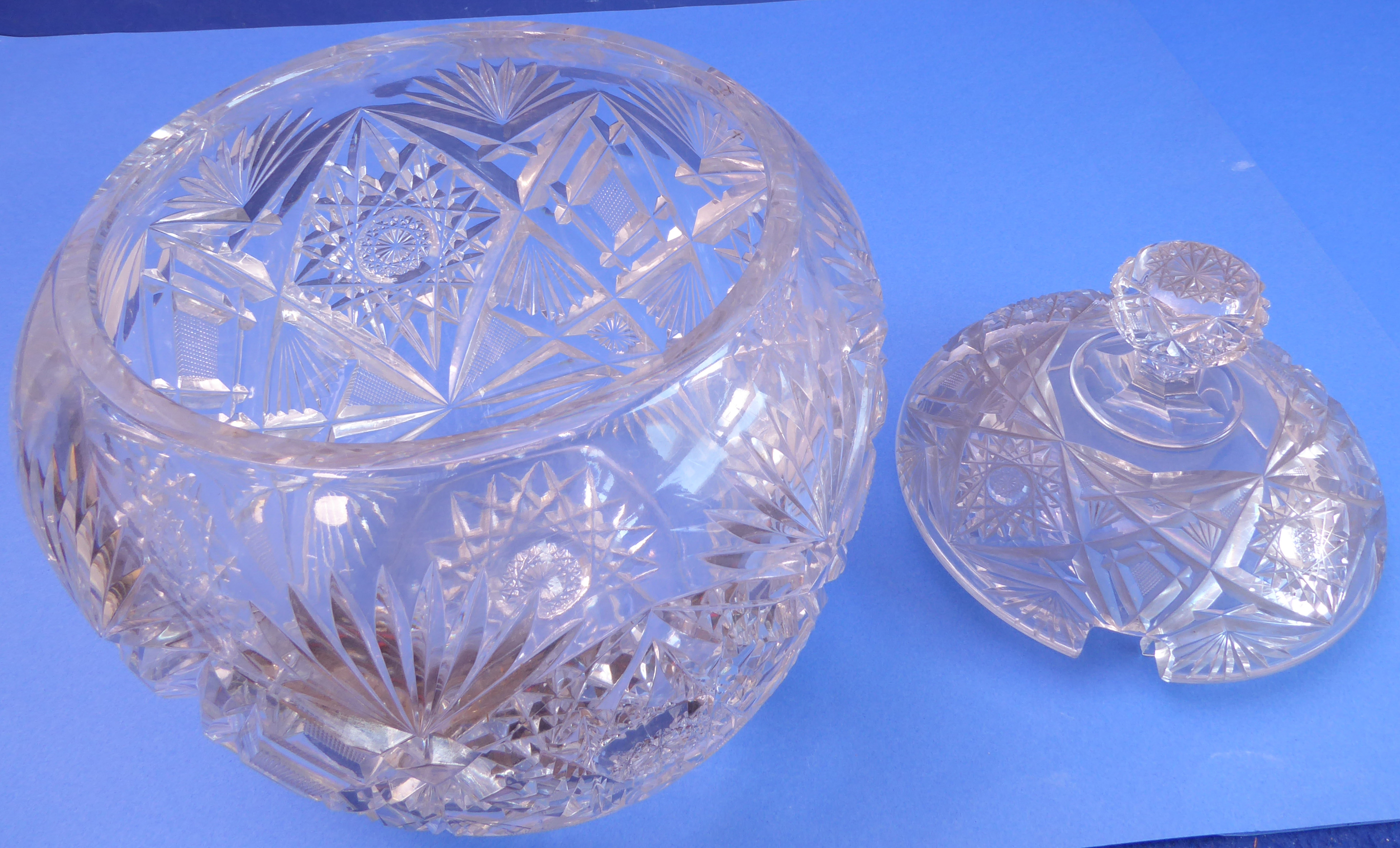 A large and heavy mid-19th century hand-cut Bohemian-style clear glass punch bowl of barrel form ( - Image 2 of 2