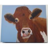 Contemporary School - Head of a cow, unframed oil on canvas, indistinctly signed, 11¾ in x 14¼ in (