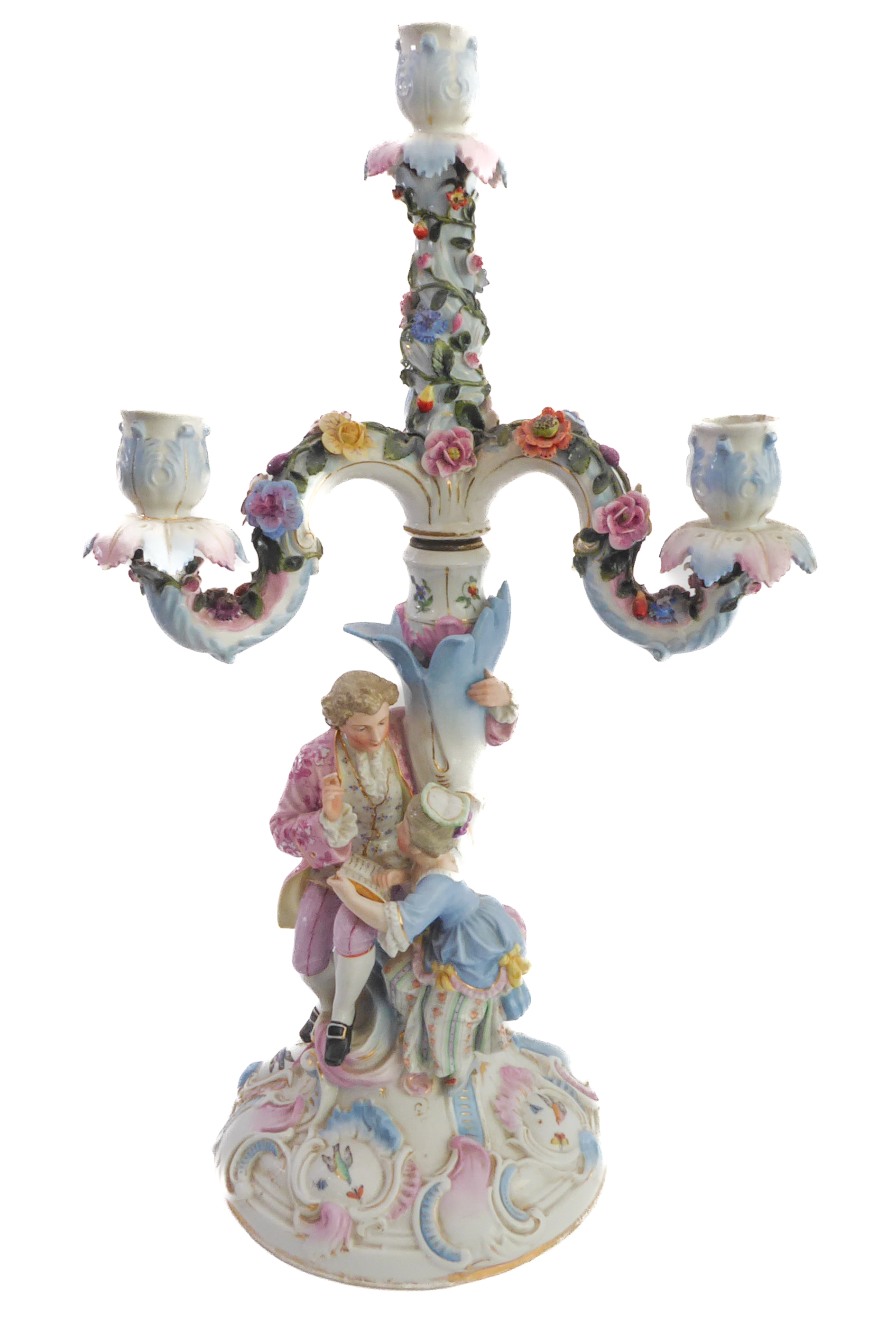 A late 19th century hand-decorated German porcelain four-light figural candelabra. The central