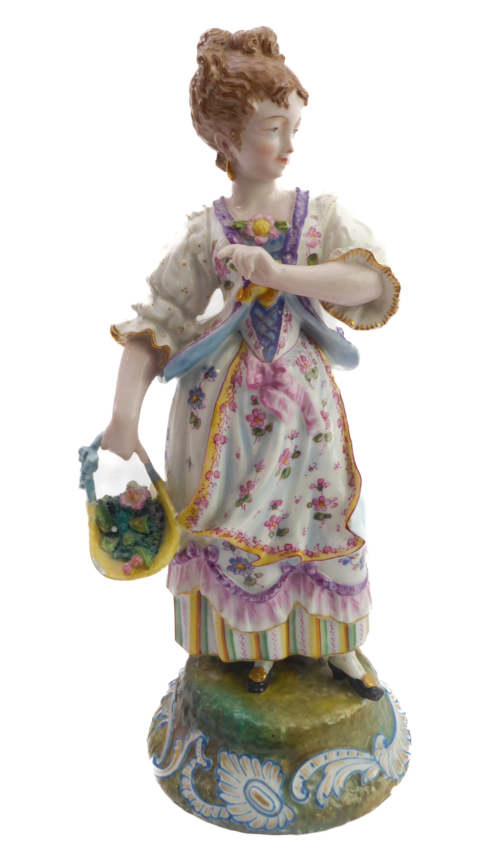 A late 19th century continental hand-decorated porcelain figure model; female with waistcoat and