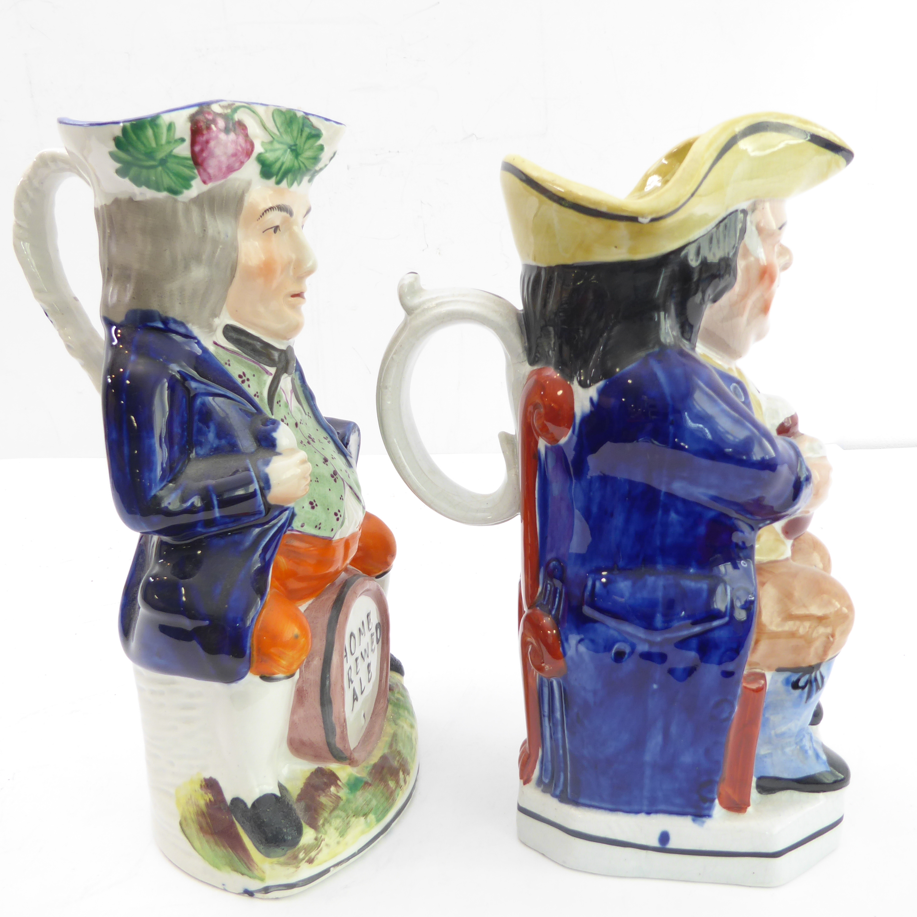 A 19th century hand-decorated Staffordshire beer jug, 'Home Brewed Ale', and one other similar sized - Image 4 of 9