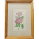 OWEN WOOD (British 1929-2003) - hand-coloured engraving pink roses, glazed wooden frame (23 x 14.