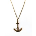 A 9-carat gold 'anchor' pendant and chain, (anchor 1.65g, chain 3.27g), chain later