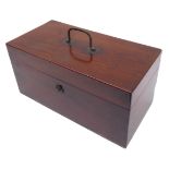 A George III period mahogany tea caddy with original handle and hinged lid opening to reveal two