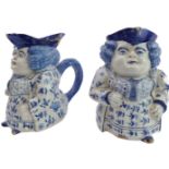 A pair of Delftware Toby jugs  - probably late 19th or early 20th century, modelled as corpulent