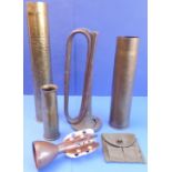 An interesting selection of metalware: - a large WWI Trench Art type brass shell case profusely