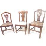 Two late 18th century Hepplewhite period oak chairs of similar design/proportions; each with yoke-