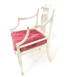 A late 18th/early 19th century cream painted open armchair with rattan caned seat and red velour