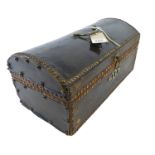 A late 18th century leather-covered copper-studded dome-top casket; the original brass swan-neck