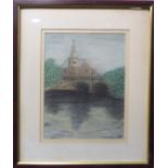 LAURENCE O'TOOLE (Contemporary Irish) - An old stone bridge and church tower, signed and dated (