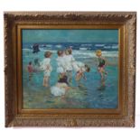 Style of EDWARD POTTHAST - Children playing on a beach, unsigned oil on canvas, 20 in x 24 in (