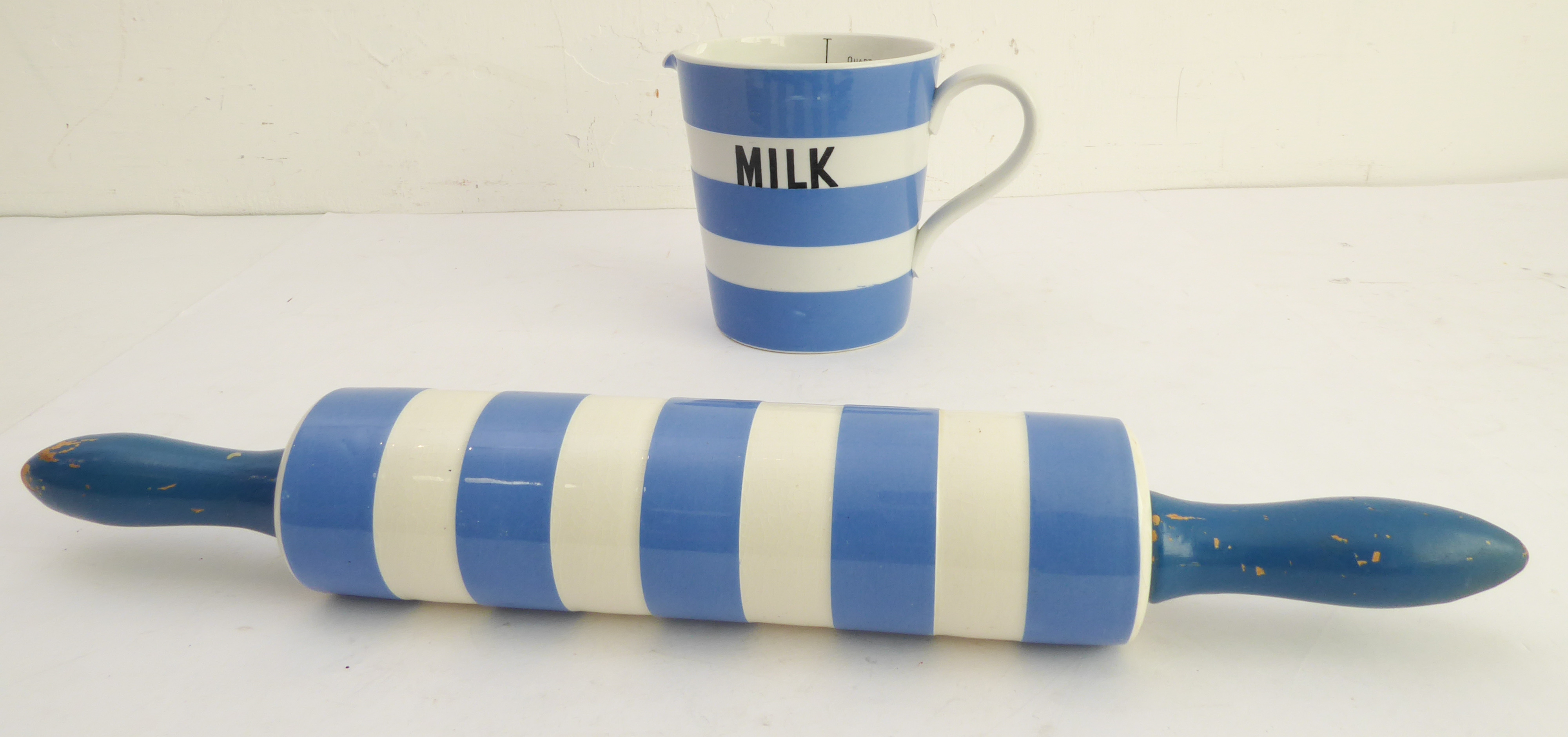 An original TG Green blue-and-white Cornishware milk jug with internal liquid measurement