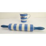 An original TG Green blue-and-white Cornishware milk jug with internal liquid measurement