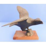 A heavy patinated bronze model of an open-winged raptor perched upon a small log, probably late 19th