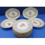 Hand decorated and gilded Coalport porcelain with piecrust edges: 9 plates (23cm), 2 bowls (25.