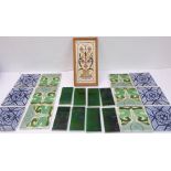 A selection of early 20th century Art Nouveau and other ceramic tiles:12 tiles,8 half-tiles and 2