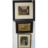 A group of three various antique engravings, various subjects and sizes to include interior of Guard